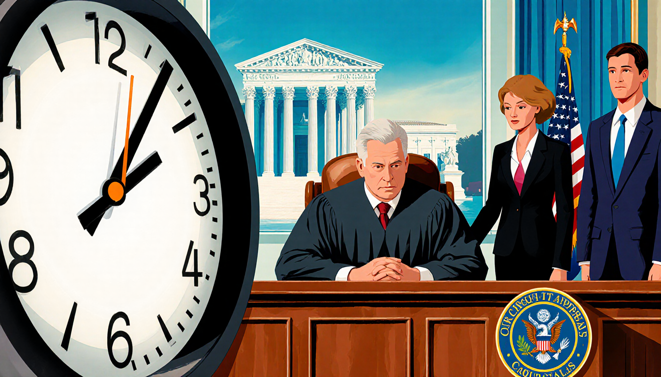 Judge presiding over two attorneys with a ticking clock and Supreme Court building in window