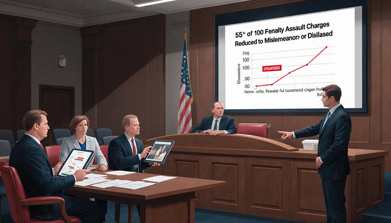 Prosecutor holding tablet with dismissed verdict with courtroom graph showing reduced felony charges