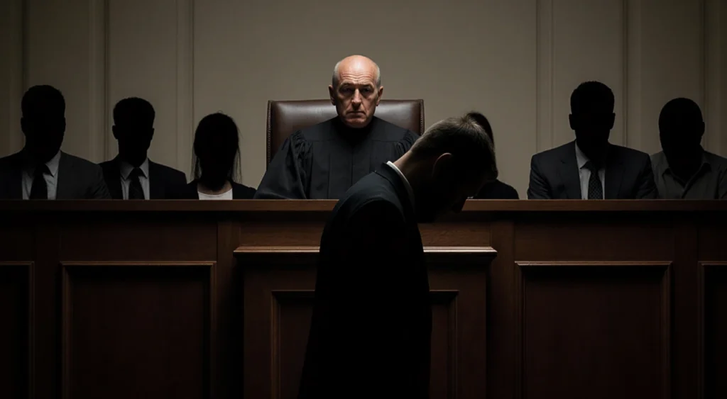 Silhouette of Brian Walshe standing before judge with Norfolk courtroom bench and jury behind
