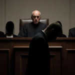 Silhouette of Brian Walshe standing before judge with Norfolk courtroom bench and jury behind