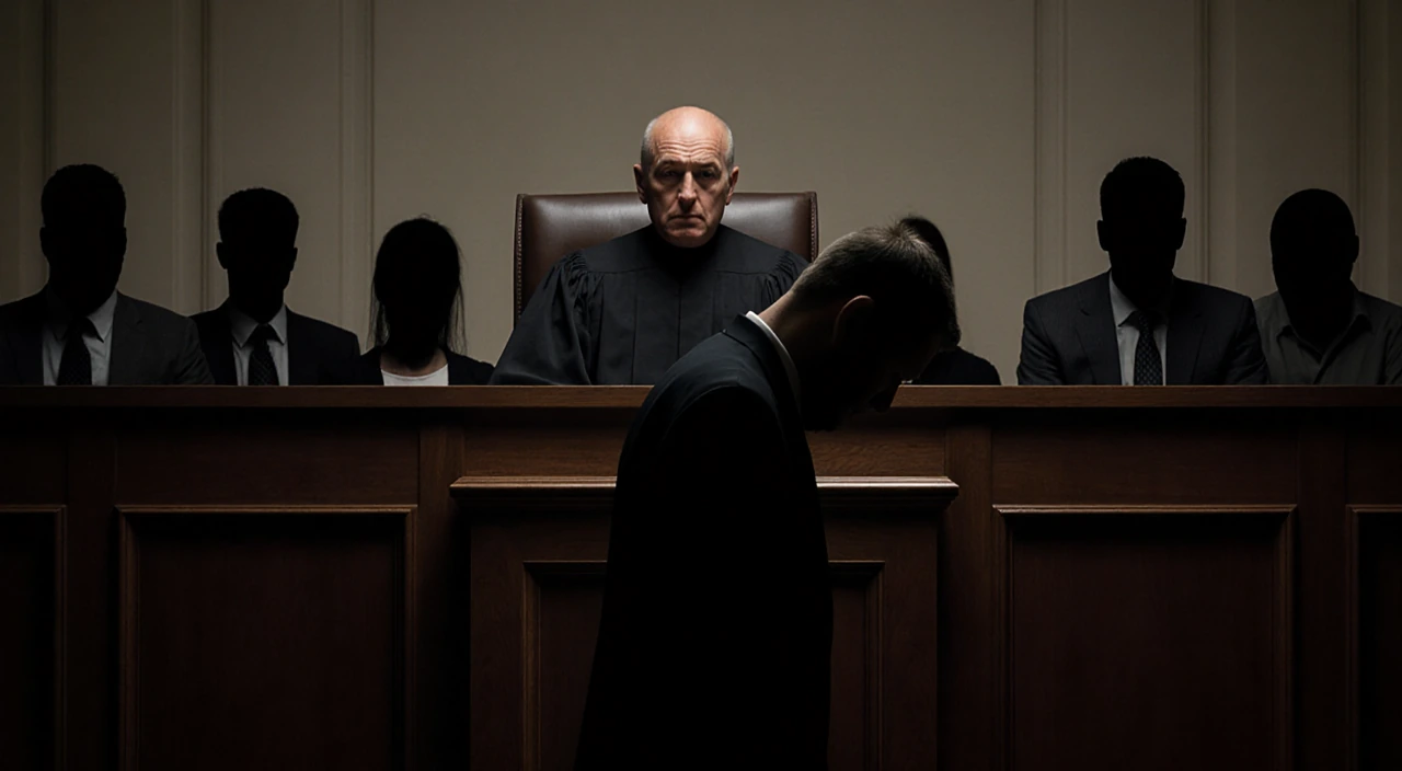 Silhouette of Brian Walshe standing before judge with Norfolk courtroom bench and jury behind