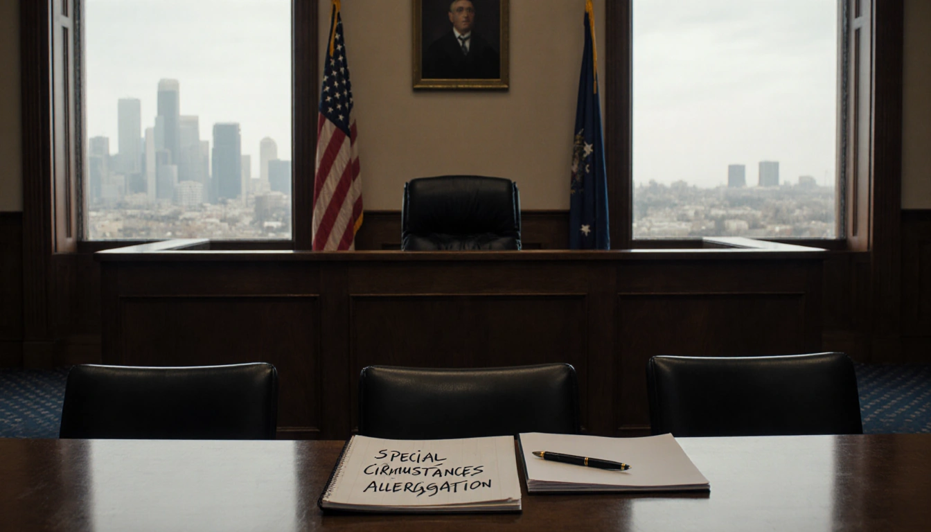 Prosecutor's table holds a stack of papers with a notebook titled Special Circumstances Allegation in a courtroom setting