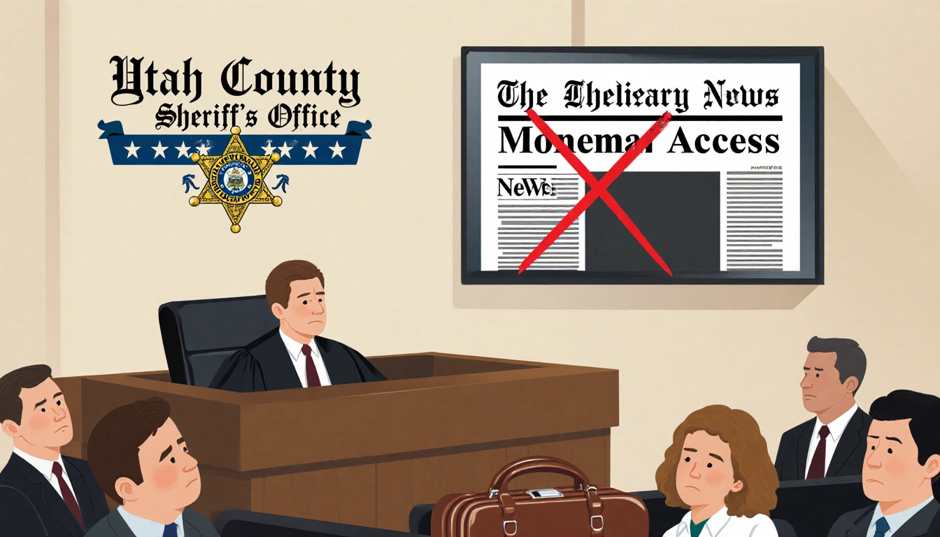 Judge presiding over courtroom with jury and headline marked by red X and lawyers' briefcases.