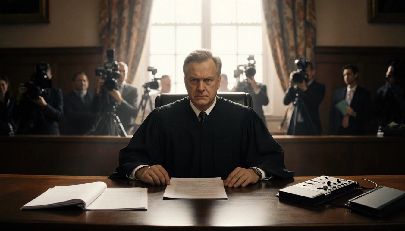 Judge Tony Graf sits sternly at the bench with transcripts and audio files open beside him and reporters milling outside.