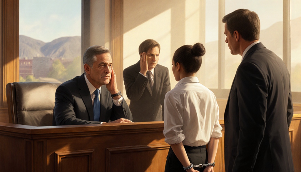 Judge presides in courtroom with shackled suspect and attorneys listening near window