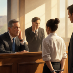 Judge presides in courtroom with shackled suspect and attorneys listening near window