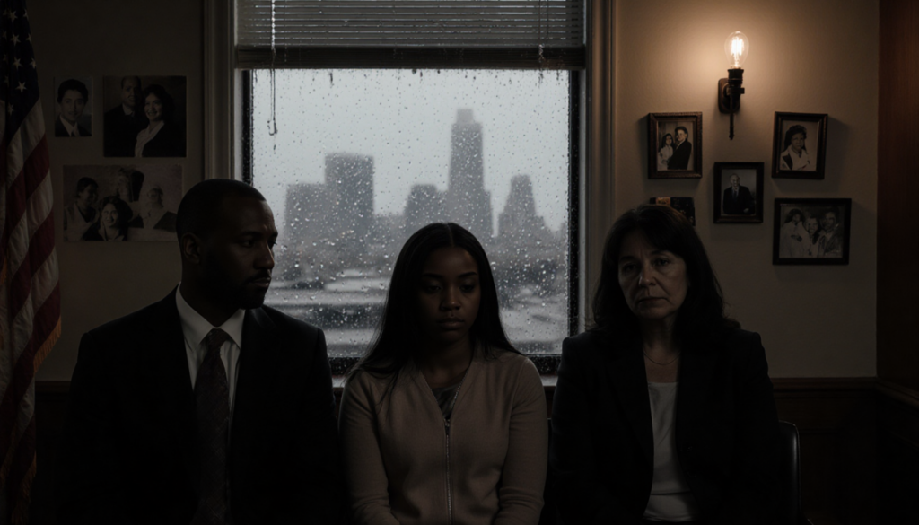 Young woman sits between two adults in a dim courtroom with rain‑streaked window showing Atlantic City flickering light bulb.