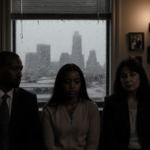 Young woman sits between two adults in a dim courtroom with rain‑streaked window showing Atlantic City flickering light bulb.