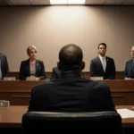 Mayor Marty Small sitting at defense table in courtroom with judge and prosecutor and defense attorney and reporters at edges