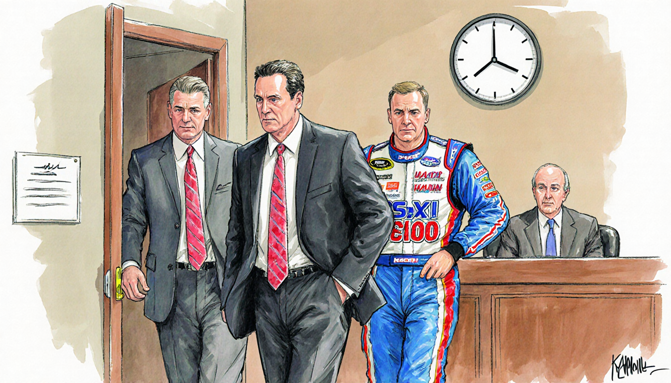 Jeffrey Kessler exits with Jordan Denny Hamlin and Bob Jenkins clock ticking courtroom sidebar