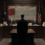 Justices hearing lawyer with stacks of case files and faded 90‑year‑old decision behind in courtroom verdict