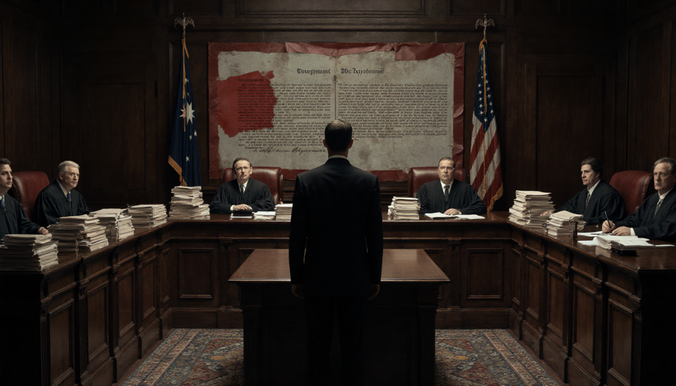 Justices hearing lawyer with stacks of case files and faded 90‑year‑old decision behind in courtroom verdict