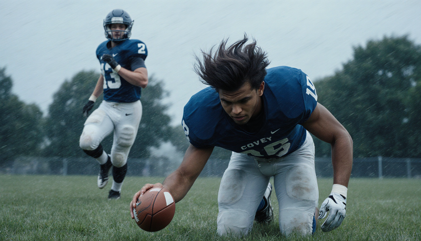 Football player kneels holding a punt with wind in his hair and an opposing ball carrier behind him.