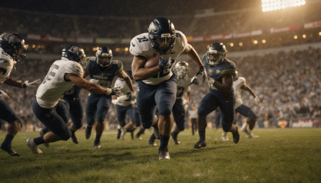 J. Covey bursts through defenders with coiled legs and warm stadium lights for a football punt return