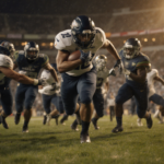 J. Covey bursts through defenders with coiled legs and warm stadium lights for a football punt return