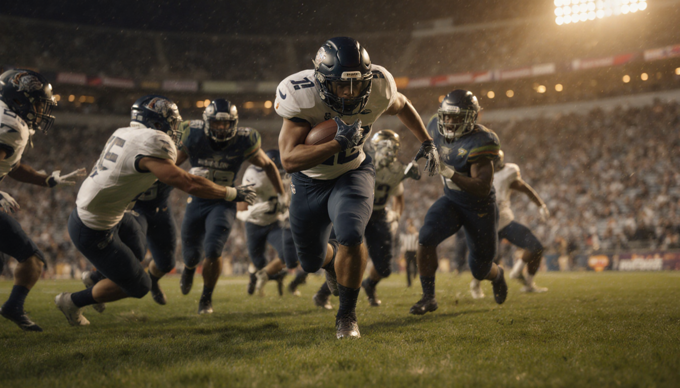 J. Covey bursts through defenders with coiled legs and warm stadium lights for a football punt return