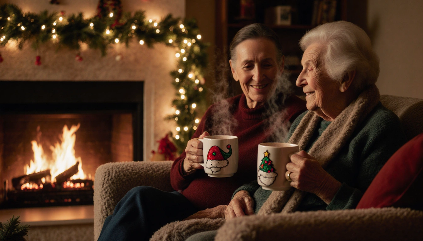 Person wrapped in blanket gazing at elderly woman while sharing cocoa beside holiday cozy fireplace