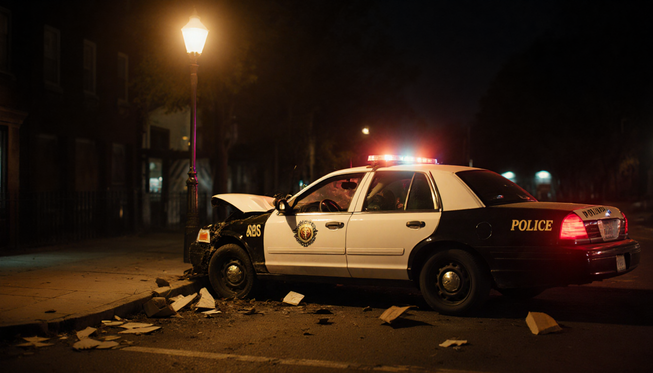 Police cruiser slamming into stolen white Ford sedan at an angle with flashing sirens and debris scattered around.