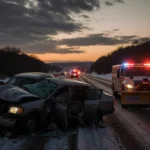 Crashed cars twisted into a pile with emergency lights flashing over the Pennsylvania Turnpike at dusk