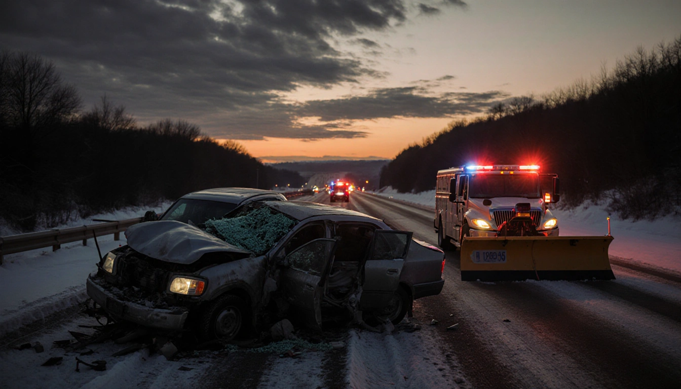 Crashed cars twisted into a pile with emergency lights flashing over the Pennsylvania Turnpike at dusk