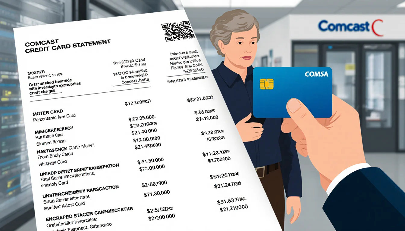 Investigator holding a credit card with a split-screen of unauthorized charges and a blurred Comcast server room background