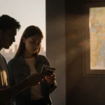 Two people standing side by side staring at a stack of credit cards with a blurred cityscape behind them