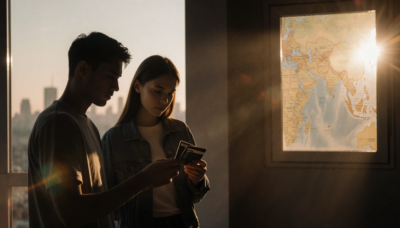 Two people standing side by side staring at a stack of credit cards with a blurred cityscape behind them