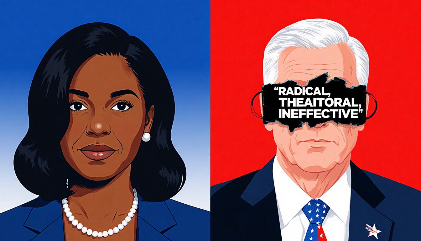 Split-screen contrasts Senator Cornyn and Representative Crockett with politics quote and veiled face in blue to red gradient