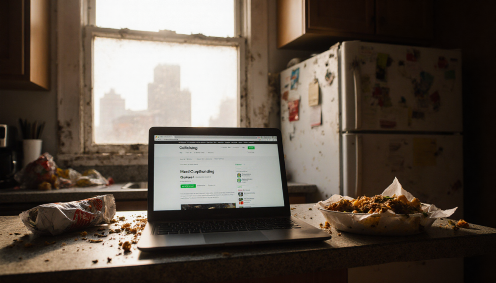 Laptop screen showing a crowdfunding page with a cluttered kitchen counter and half‑eaten meal.