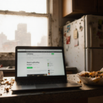 Laptop screen showing a crowdfunding page with a cluttered kitchen counter and half‑eaten meal.