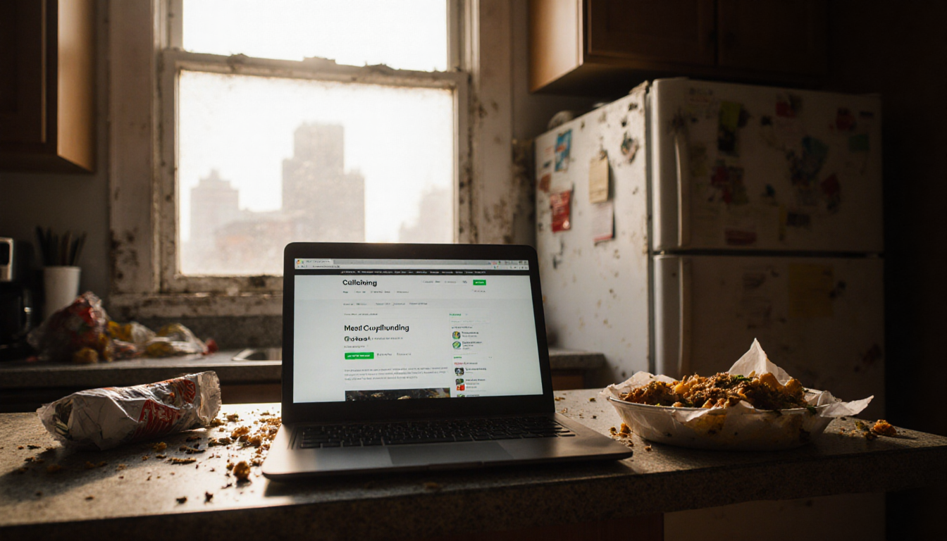 Laptop screen showing a crowdfunding page with a cluttered kitchen counter and half‑eaten meal.