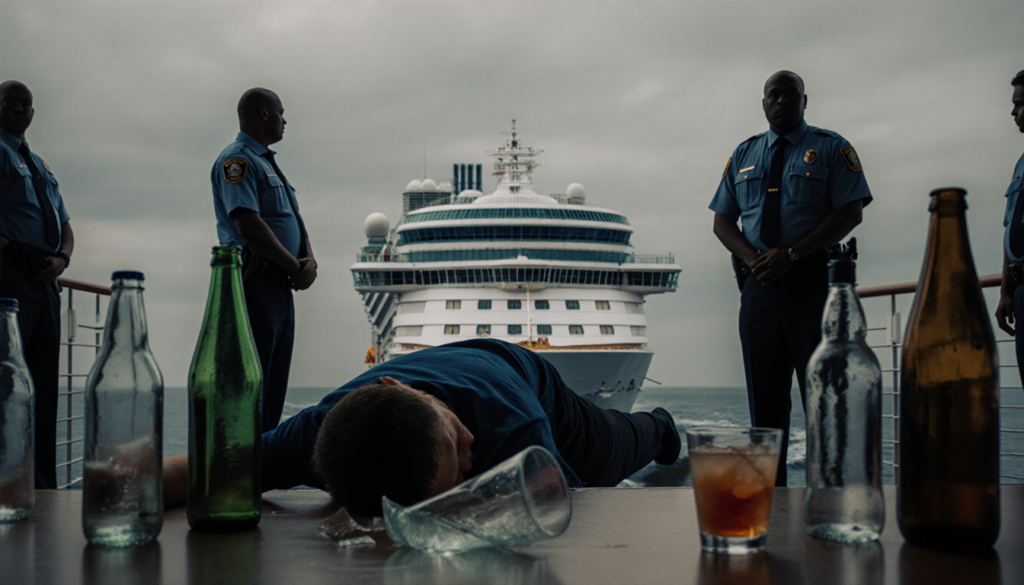 Seasick passenger lies on deck with empty bottles scattered around and a shattered cocktail glass under sky over cruise wake
