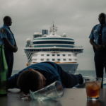 Seasick passenger lies on deck with empty bottles scattered around and a shattered cocktail glass under sky over cruise wake