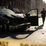 Crumpled Uber sedan lies with open door revealing mangled interior and police car with officers beside yellow crime scene tap