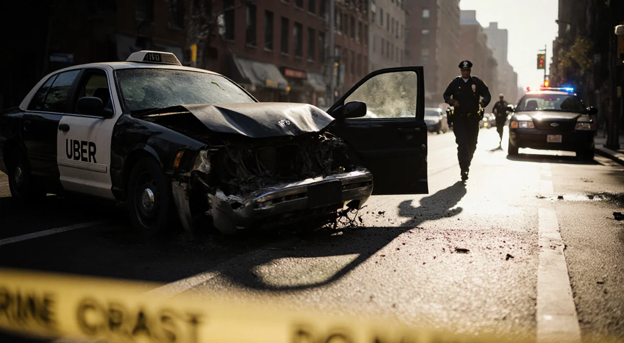 Crumpled Uber sedan lies with open door revealing mangled interior and police car with officers beside yellow crime scene tap
