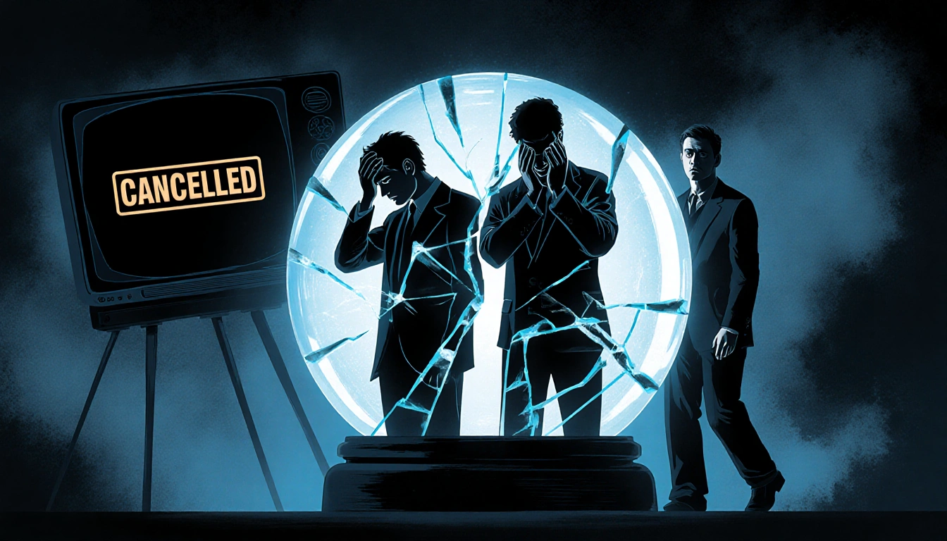 Broken crystal ball shatters curse with Duffer brothers silhouette disappointed and Ross walking away.