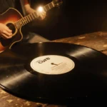Vintage vinyl record tilted on weathered wooden table with warm candle glow and faint guitar in background