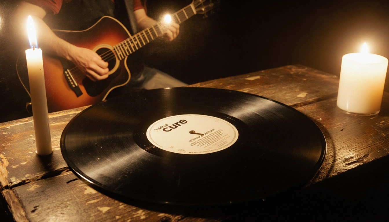 Vintage vinyl record tilted on weathered wooden table with warm candle glow and faint guitar in background