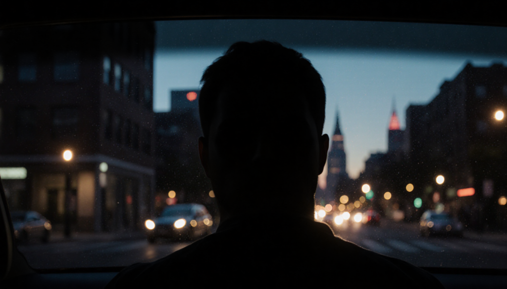 Man silhouetted against glowing screen with Philadelphia skyscrapers reflected on car glass evoking cyberstalking menace.