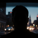 Man silhouetted against glowing screen with Philadelphia skyscrapers reflected on car glass evoking cyberstalking menace.