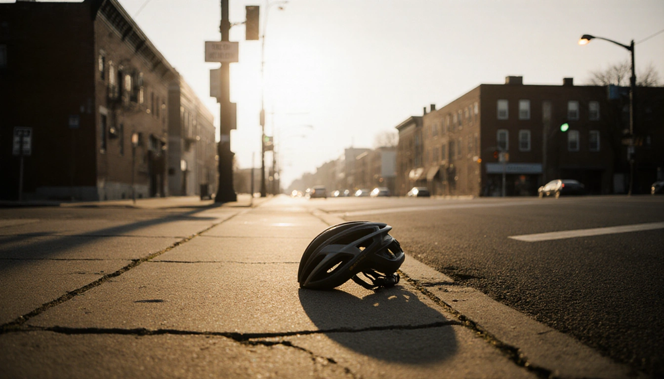 Helmet lying abandoned on cracked asphalt with golden streetlight shadows and faint sunrise glow.