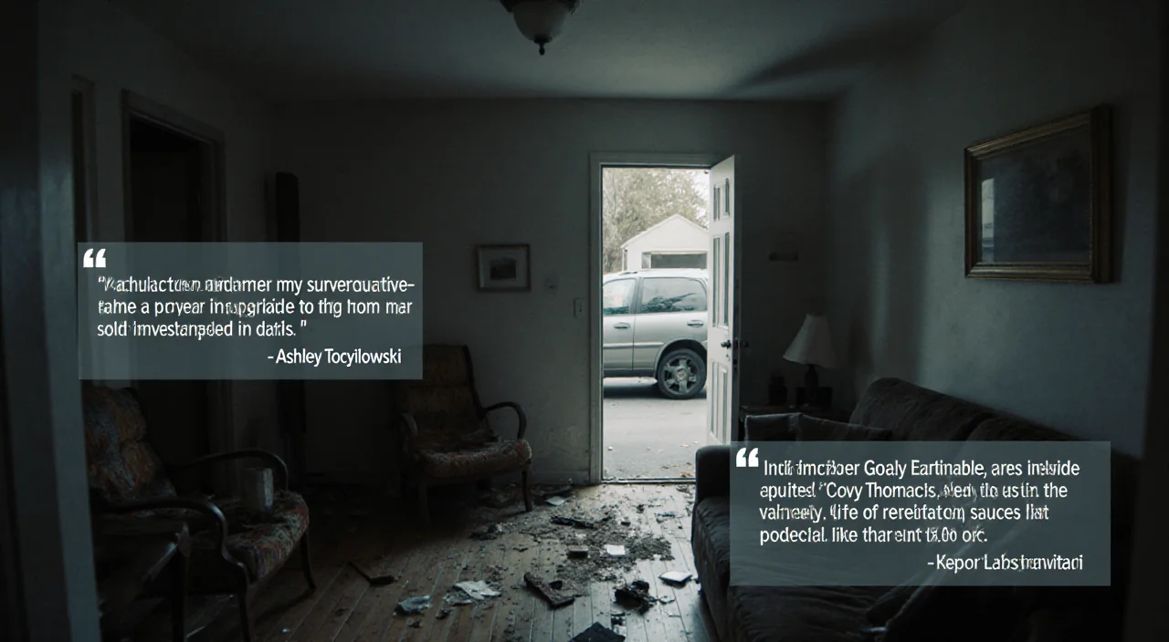 Dimly lit home interior shows disordered furniture with an open door and Coy Thomas entering.