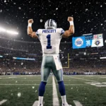 Dak Prescott stands triumphant with arms raised amid falling snowflakes and a Christmas stadium glow behind him