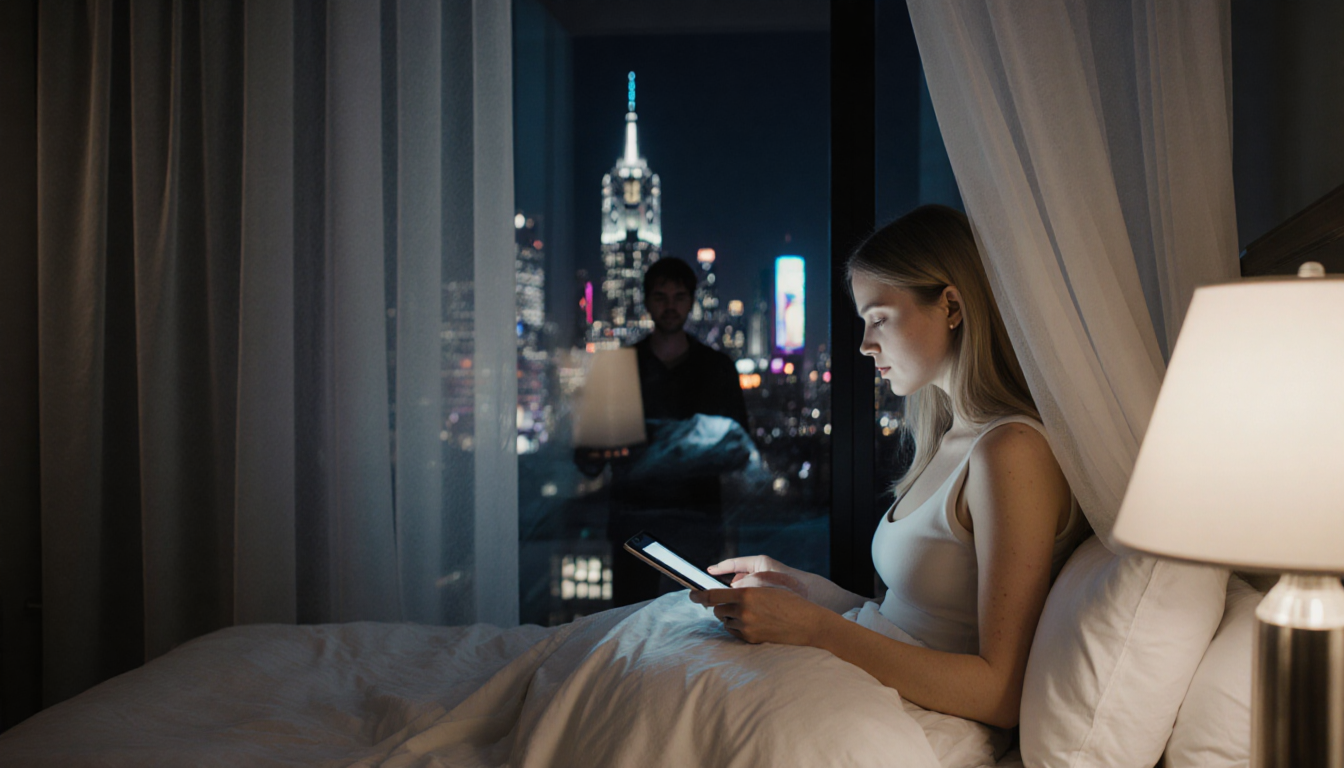 Dakota Johnson typing on a smartphone with translucent curtains and a neon cityscape behind her.