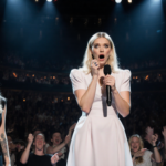 Dakota Johnson stands on SNL stage holding a microphone with a shocked expression while Lily Allen watches from the wings