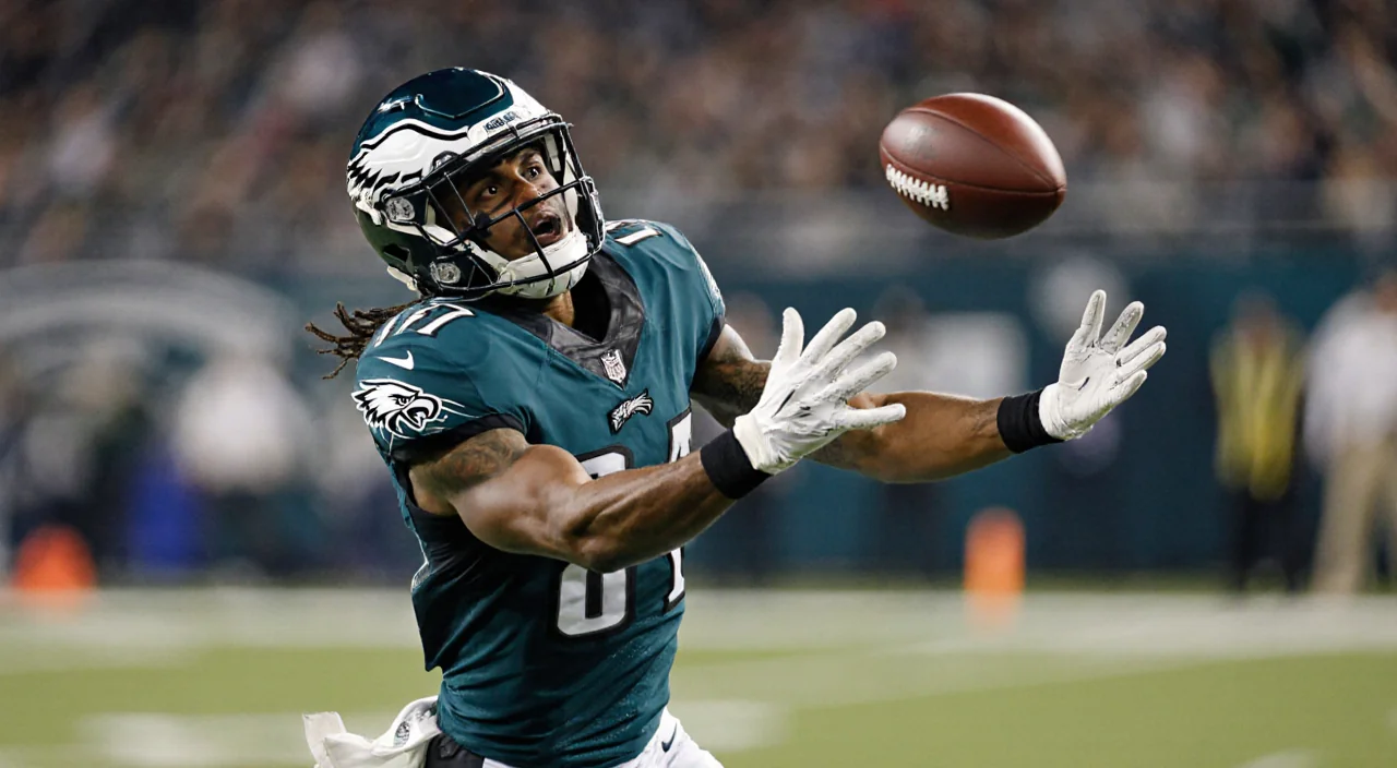 Dallas Goedert leaps to catch a 4‑yard shovel pass from Jalen Hurts with the football at peak release in a blurred background