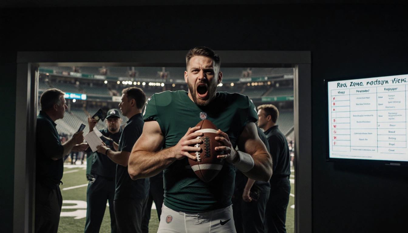 Dallas Goedert stands with football and excited grin with end zone backdrop and TV screen showing red zone plays