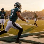 Dallas Goedert celebrates a touchdown catch with Jalen Hurts behind him on a sunset football field with the Eagles logo.