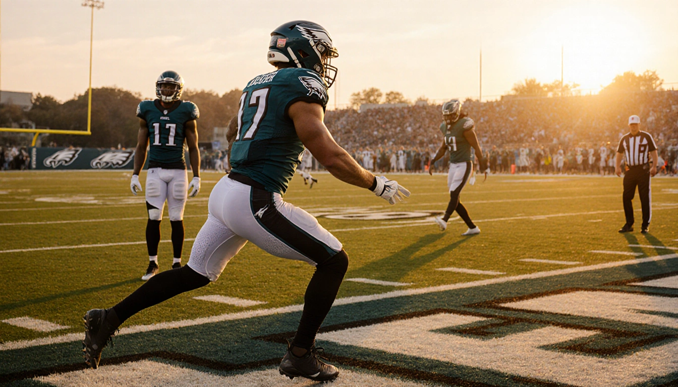 Dallas Goedert celebrates a touchdown catch with Jalen Hurts behind him on a sunset football field with the Eagles logo.