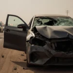 Damaged car sits with crumpled front and shattered windshield on dusty road and ambulances in foreground.